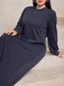 Modelyn Women's Casual Loose Textured Fabric Round Neck Long Dress, Navy Blue, Autumn/Winter - Dark Grey - View 6