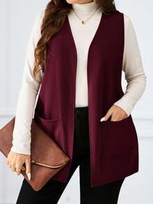 Miaspire Chaqueta casual suelta de unicolor sin mangas con bolsillo, para primavera/verano en otoño/invierno, talla grande - Burdeos - Ver 3