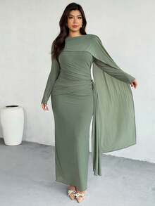 Firerie Váy dài tay nhún bèo thanh lịch dành cho nữ, váy dự tiệc/hẹn hò lãng mạn, màu xám xanh lá cây - màu xanh lá - Xem 1