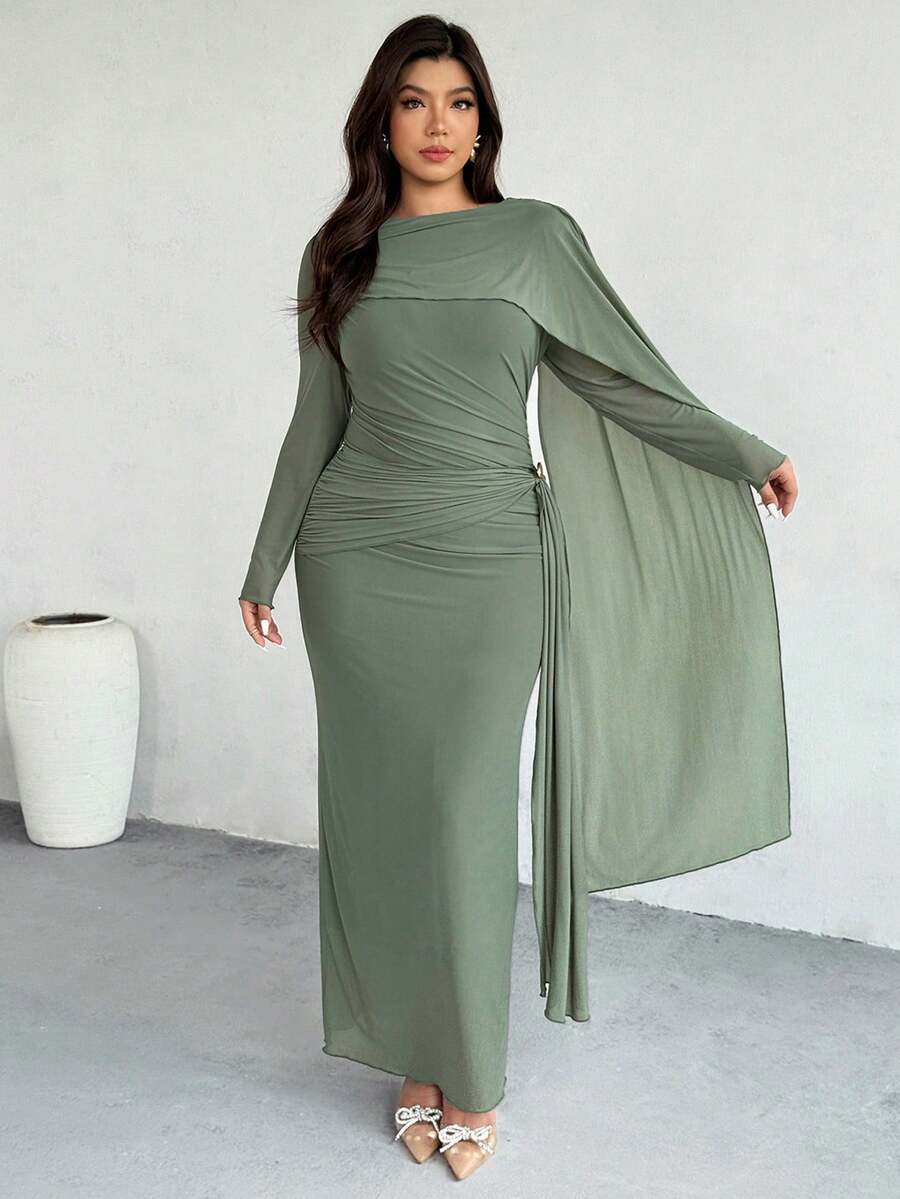Firerie Váy dài tay nhún bèo thanh lịch dành cho nữ, váy dự tiệc/hẹn hò lãng mạn, màu xám xanh lá cây - màu xanh lá - Xem 1
