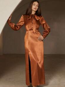 Chiquease Rust Brown Autumn Elegant Wedding Guest Women Satin-Feel Padded Shoulder Deep V-Neck Cinched Waist Slit Hem Metal Buckle Long Sleeve Maxi Shirt Dress - Brown - View 1