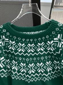 SHEIN LUNE 圣诞雪花图案休闲针织毛衣，秋冬款 - 墨綠色 - 查看 4