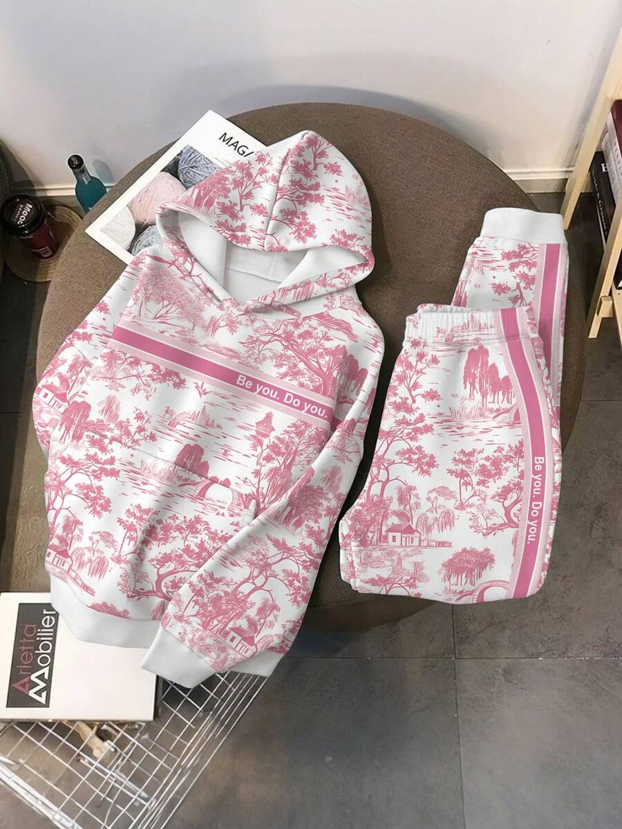 SHEIN 做你自己。做你自己。复古风景印花休闲两件套,女士秋冬卫衣套装 - 彩色 - 查看 1