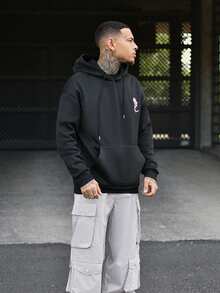 Devon Thys 男士休闲街头鲤鱼与莲花印花口袋抽绳连帽衫，保暖内衬，秋冬 - 黑色 - 查看 4