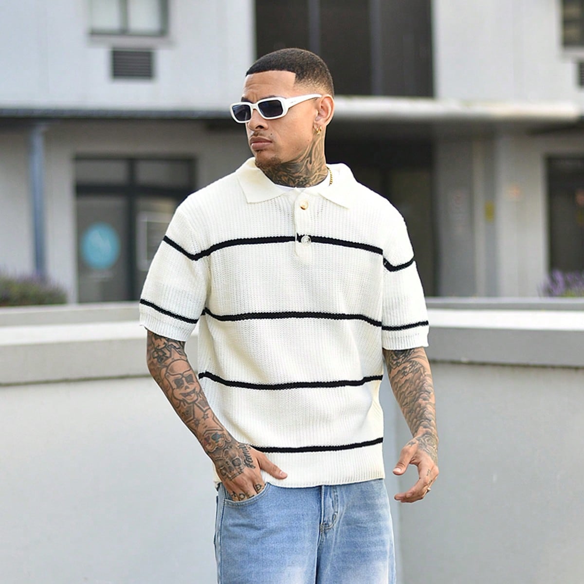 Jersey de punto informal para hombre con botones calados de unicolor