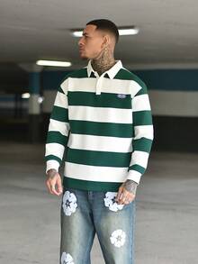 Devon Thys 男士条纹领扣前长袖时尚运动衫 - 綠色 - 查看 6