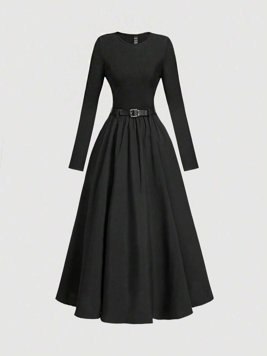 SHEIN MOD 1 chiếc váy dài tay màu trơn dành cho nữ (có thắt lưng), thời trang mùa đông, váy kiểu Pháp - màu đen - Xem 1