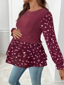 SHEIN Áo thun cho con bú cổ tròn tay dài họa tiết hoa chắp vá dành cho bà bầu - Màu Đỏ Sâu - Xem 5