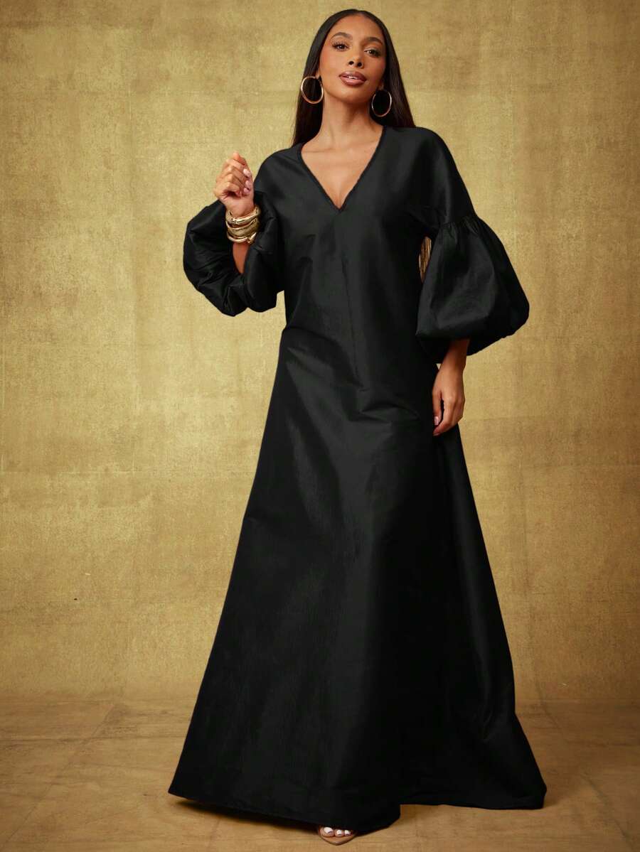 Vixey Solid Taffeta V Neck Drop Shoulder Puff Sleeve Flowy Maxi Dress - Black - View 1
