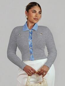 Xyvia Knitted Cardigan With Contrast Color Collar, Versatile Stylish Jacket, Ribbed Knit Fabric - Light Grey - View 5