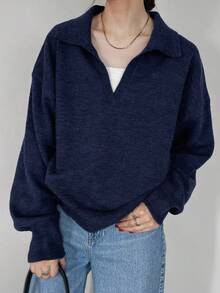 FRIFUL 女式纯色深灰色翻领落肩长袖宽松休闲百搭毛衣，秋冬 - 藏蓝色 - 查看 6