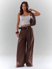 Glamine Quần dài thường ngày bằng cotton hữu cơ màu nâu dành cho nữ có thắt lưng đen, quần dài công sở thanh lịch màu nâu dành cho nữ - Cà phê nâu - Xem 7
