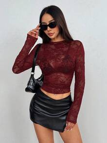 EgrlEra Women's Lace Elastic Peony Floral Sheer Sexy Blouse (Random Cut) - Maroon - View 4