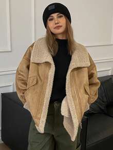 DAZY Women's Suede Fleece Zip-Up Casual Regular Jacket Women Coats - Khaki - View 2