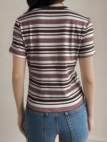 Livesso Áo thun nữ cổ tròn tay ngắn kẻ sọc thường ngày, mùa thu - Màu Đỏ Sâu - Xem 2