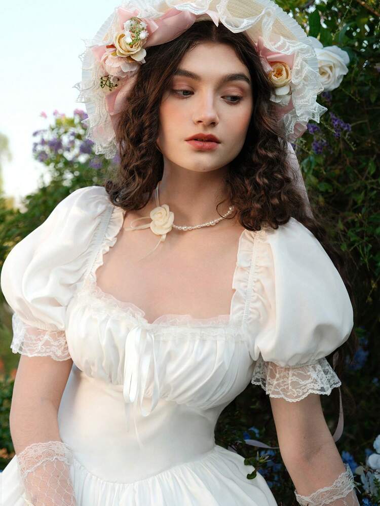 SHEIN MOD فستان ماكسي أبيض كبير الحجم من الأقمشة الدانتيل المبطن المكشكش بطراز فيكتوري، فستان حفلة، فستان سهرة، صنعة راقية - أبيض - مشاهدة 3