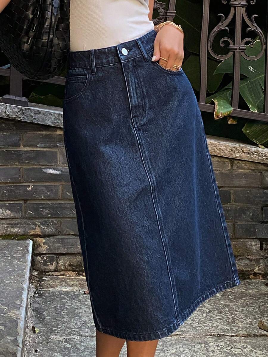 DAZY Women's Casual Commuter Washed Denim Skirt - Black - View 1