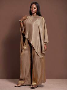 Veslaya 2025新款加大码女装冬季亮面面料斗篷式上衣宽松长裤两件套，适合圣诞节/新年/派对/展现女性优雅气质/闪亮两件套/感恩节/正式场合穿着 - 藕粉色 - 查看 3