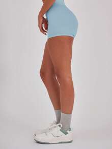 Musera Sport 交叉前腰带无缝运动短裤，适用于板式网球、网球、匹克球、健身房、瑜伽、普拉提、日常休闲等运动。 - 藍色 - 查看 4
