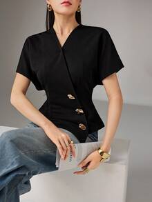 Heiryn 女士时尚通勤蝙蝠袖斜襟衬衫，夏季 - 黑色 - 查看 6