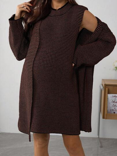 SHEIN Conjunto de vestido de punto sin mangas y cárdigan casual de maternidad, otoño/invierno