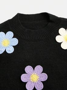 SHEIN 青少年女孩休闲日常黑色钩针装饰圆领长袖修身毛衣和钩针装饰裤子套装 - 黑色 - 查看 3