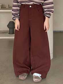 DAZY 少女款带口袋宽松休闲百搭阔腿牛仔裤 - 紫紅色 - 查看 3