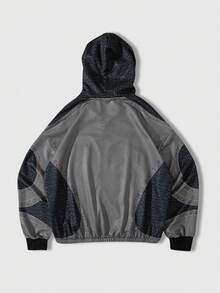 ROMWE MEN Áo hoodie thời trang thường ngày dành cho nam in chữ và chấm bi, khóa kéo phía trước, mùa xuân/thu - Xám - Xem 2