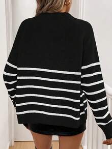 EMERY ROSE 新款宽松条纹圆领针织开衫，宽松舒适，版型显瘦，柔软舒适套头毛衣 - 黑色 - 查看 2