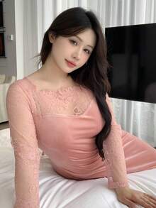 Dazy Plus Bodycon Partykleid für Damen in Große Größen mit Samt-Kontrast-Spitze, sexy und dehnbar für Dates, elegante Damenkleider für den Abschlussball - Pink - Übersicht 4