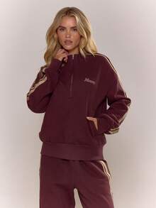 MUSERA Embroidered Striped Arm Half Zip Sweater Tracksuit Top Only Elegant Winter Work Cute Cosy - Burgundy - View 1