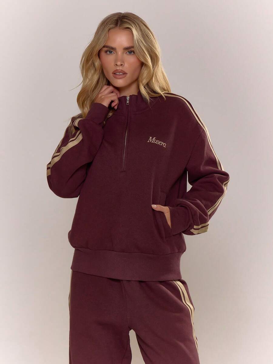 MUSERA Embroidered Striped Arm Half Zip Sweater Tracksuit Top Only Elegant Winter Work Cute Cosy - Burgundy - View 1