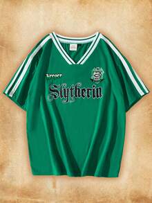 HARRY POTTER X SHEIN Áo thun sọc tương phản in chữ mùa hè dành cho nữ - màu xanh lá - Xem 3