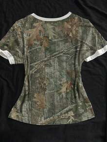 Glimmora 迷彩街头风T恤，干叶迷彩，Y2K数字印花圆领女款T恤，适合日常穿着 - 軍綠色 - 查看 2