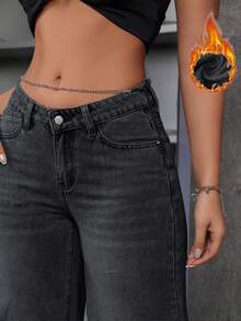 SHEIN ICON Women's Warm Thermal Lined V-Shape Low Waist Denim Jeans For Winter - Black - View 3