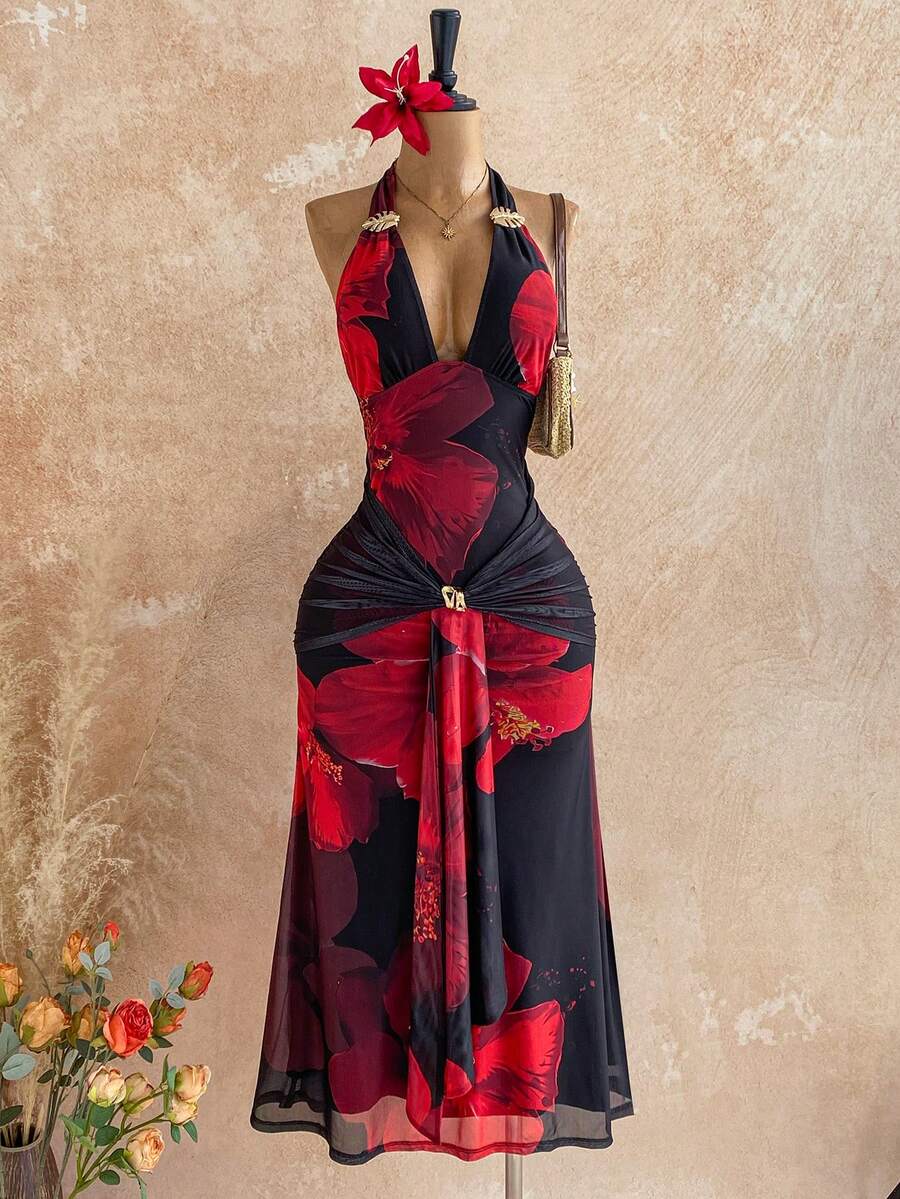 Soleia 春夏新款休闲度假西部海滩婚礼宾客礼服毕业早午餐连衣裙，圣帕特里克节春假复活节音乐节优雅波西米亚热带露背金属装饰网纱花卉印花情人节派对蝴蝶结长裙 - 紅色 - 查看 1