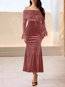 Modelyn 秋冬露肩丝绒花卉拼接纯色丝绒修身鱼尾喇叭袖优雅派对连衣裙，红色 - 粉色 - 查看 5