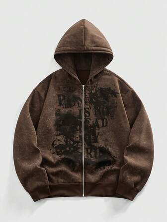 Street Life Sudadera con capucha con cremallera y estampado de eslogan para hombre