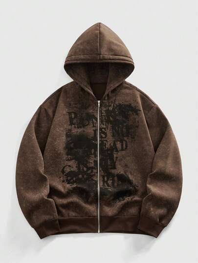 Street Life Sudadera con capucha con cremallera y estampado de eslogan para hombre