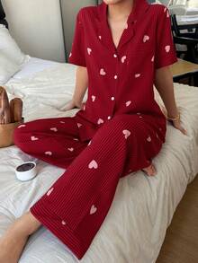SHEIN 条纹爱心印花翻领短袖裤装女士睡衣套装 - 紅色 - 查看 4