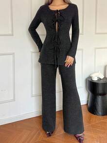 DAZY Women's Solid Color Front Tie Long Sleeve Top And Flare Pants Casual 2 Pieces Set - Black - View 3