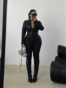 POPSWAY Plus Size Sexy Long Sleeve Tight Coated Leather Jumpsuit