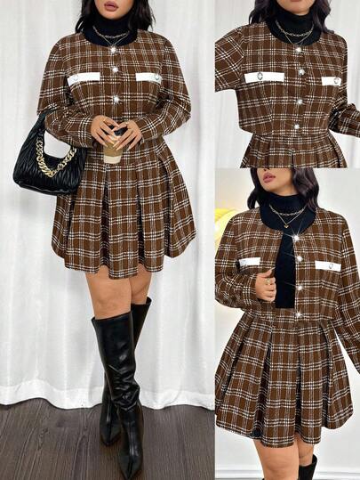 Firerie Plus Size Women's Elegant Commuter Workwear Sophisticated High-End Afternoon Tea Slightly Sexy Date Music Concert Collegiate Vintage Black & White Plaid Print Long Sleeve Jacket & Pleated Mini Skirt, Back To School Outfit Flannel In Fall/Winter Brown 2 Pieces Set Checkered Dress Plaid Two Pieces Set Brown Outfit Women Plaid Dress Plaid Skirt Set Women's Set Checkered Two Pieces Brown Plaid Outfit