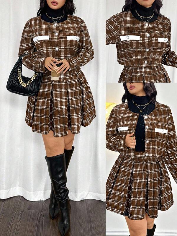 Firerie 大码女式优雅通勤工作服，精致高端下午茶，略带性感约会音乐会学院风黑白格纹印花长袖外套和百褶迷你裙，返校季法兰绒秋冬棕色两件套格纹连衣裙，格纹两件套棕色套装，女士格纹连衣裙格纹半身裙套装，女士格纹两件套棕色格纹套装