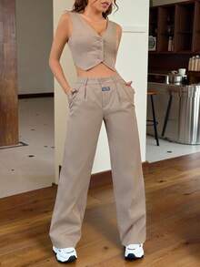 SHEIN EZwear Bộ vest vải lanh trơn màu mùa hè dành cho nữ, áo vest một hàng khuy và quần dài rộng rãi, thời trang thu/đông - Lạc đà - Xem 5