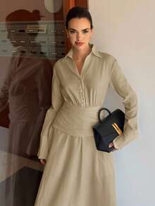 Siren Gaze 2025秋季女装新品必备——复古风纽扣衬衫裙，长袖，棉麻混纺，透气舒适，有内衬，不透光，优雅通勤装，适合商务休闲、工作、教师、日常穿着，也是秋季婚礼宾客和夜间外出的完美之选，2025秋季时尚必备单品 - 卡其色 - 查看 5