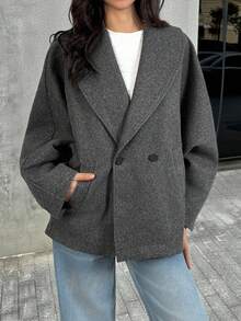 SHEIN Tall New Autumn/Winter Grey Versatile Woolen Elegant Lapel Overcoat, Casual Everyday Wear - Grey - View 1