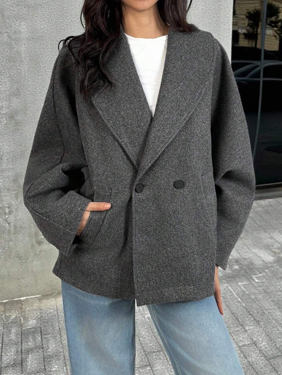 SHEIN Tall New Autumn/Winter Grey Versatile Woolen Elegant Lapel Overcoat, Casual Everyday Wear - Grey - View 1