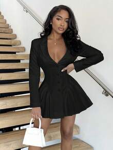 Alexandranx 女士优雅深 V 领单排扣长袖褶皱连衣裙 - 黑色 - 查看 4