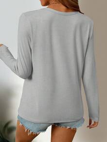 SHEIN 情人节粉色爱心时尚英文休闲舒适外出修身家居时尚秋冬春季休闲外出长袖打底印花T恤女式春季上衣 - 灰色 - 查看 2